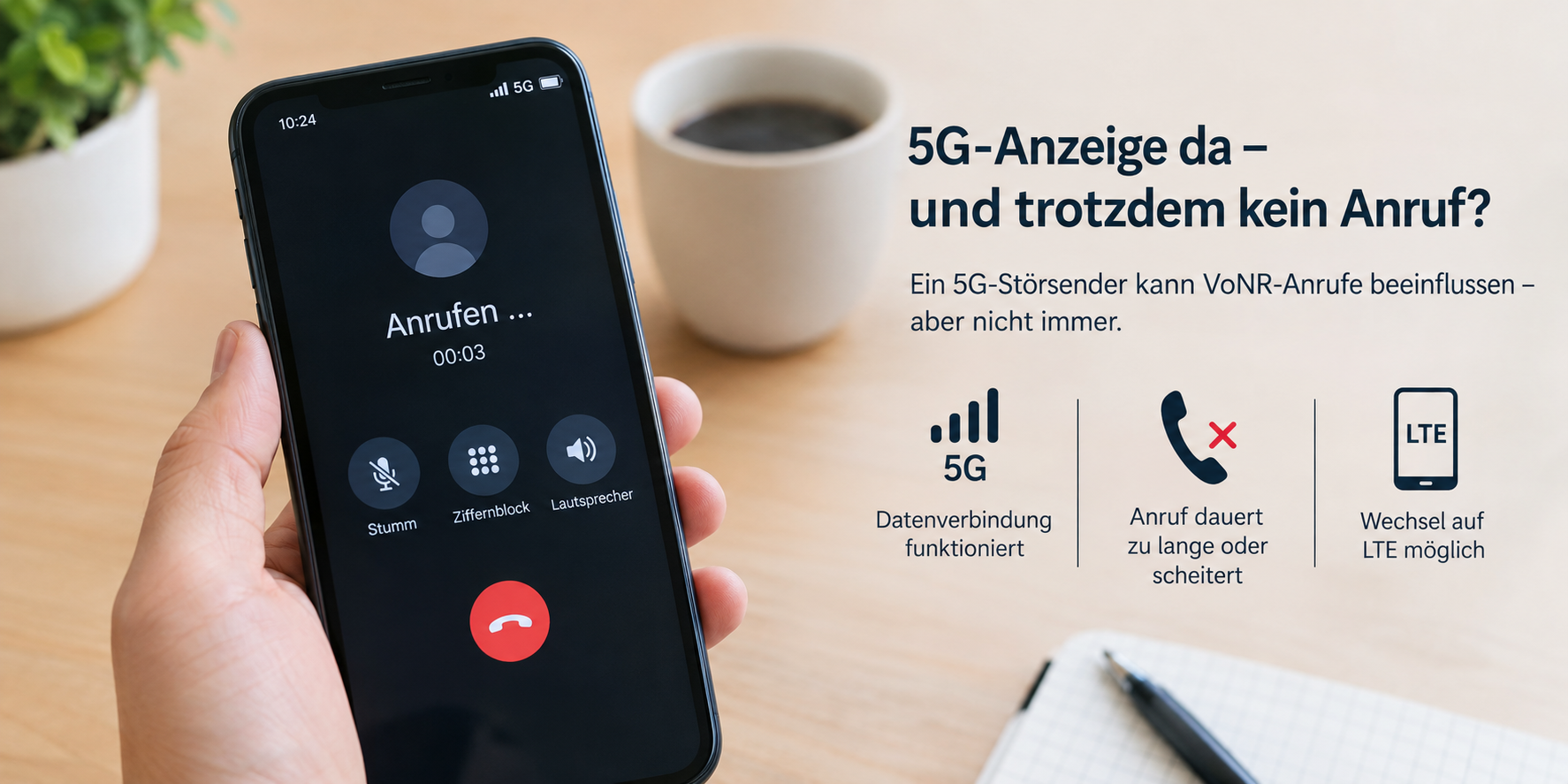 5G-Anzeige mit Anrufproblem und LTE-Wechsel