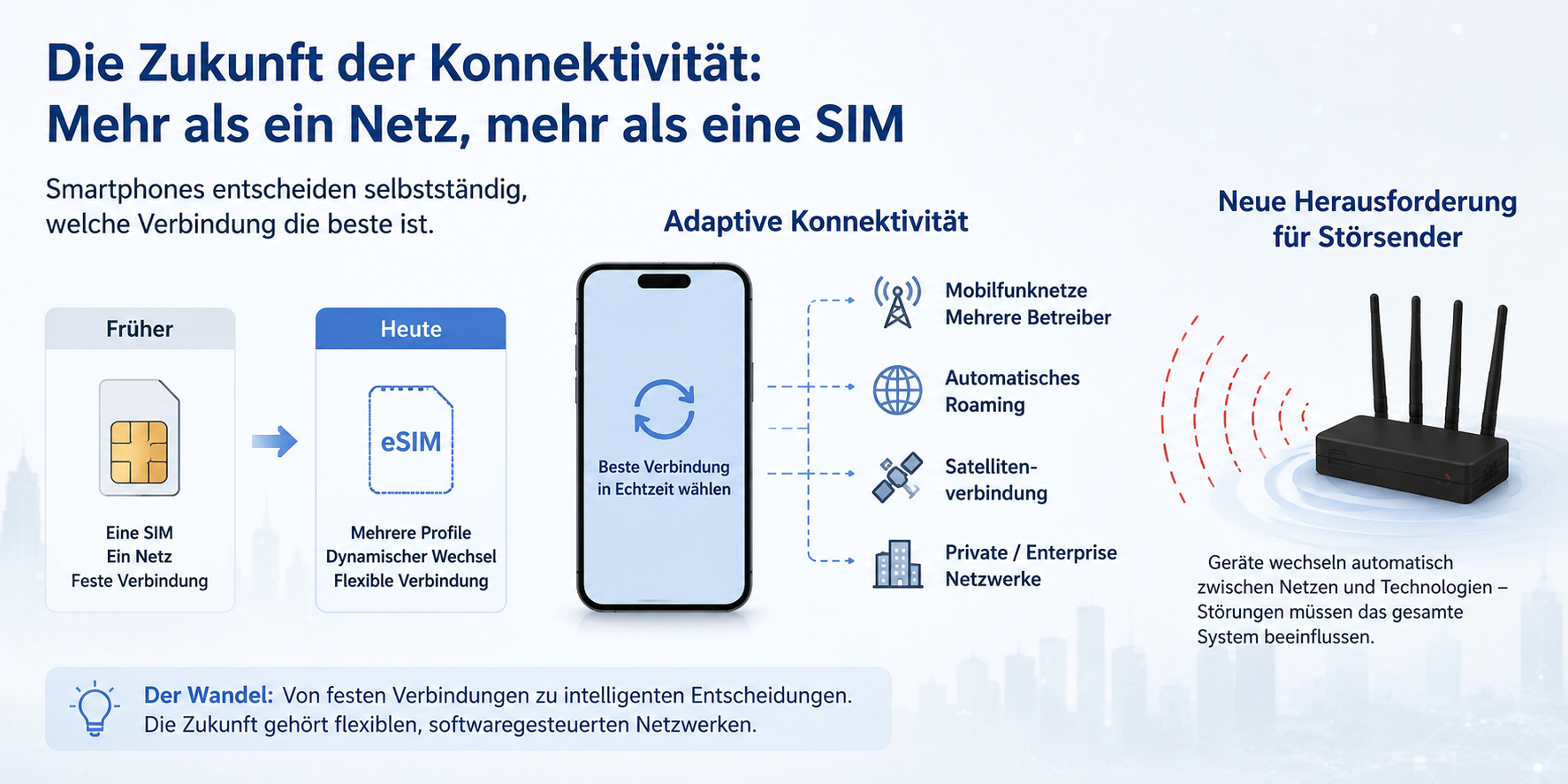 eSIM adaptive Konnektivität mit Netzwechsel und Signalstörung durch Störsender in moderner Mobilfunkstruktur