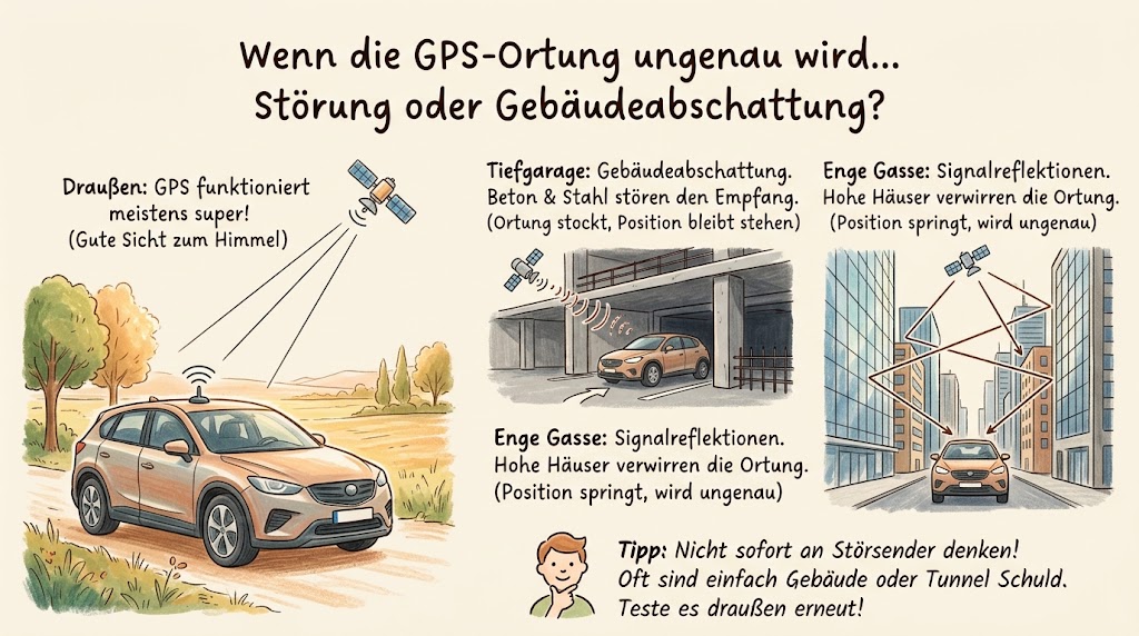 Vergleich von GPS-Empfang im Freien, in einer Tiefgarage und zwischen hohen Gebäuden