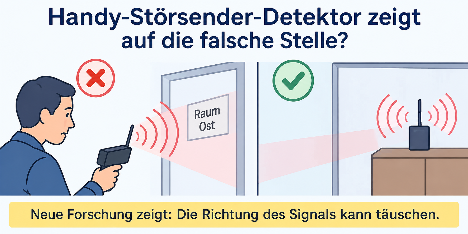 Handy-Störsender-Detektor zeigt auf die falsche Richtung, während sich die tatsächliche Störquelle in einem anderen Raum befindet
