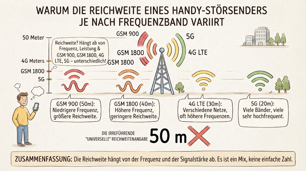 Frequenzabhängige Reichweite von Handy-Störsendern für GSM, 4G und 5G