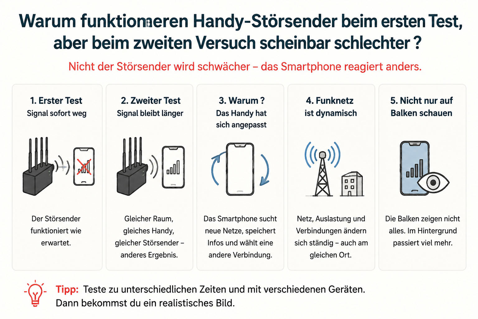 Handy-Störsender Test beim ersten und zweiten Versuch