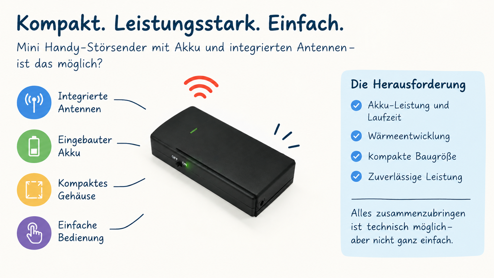 Leistungsstarker Mini Handy-Störsender mit Akku und integrierten Antennen