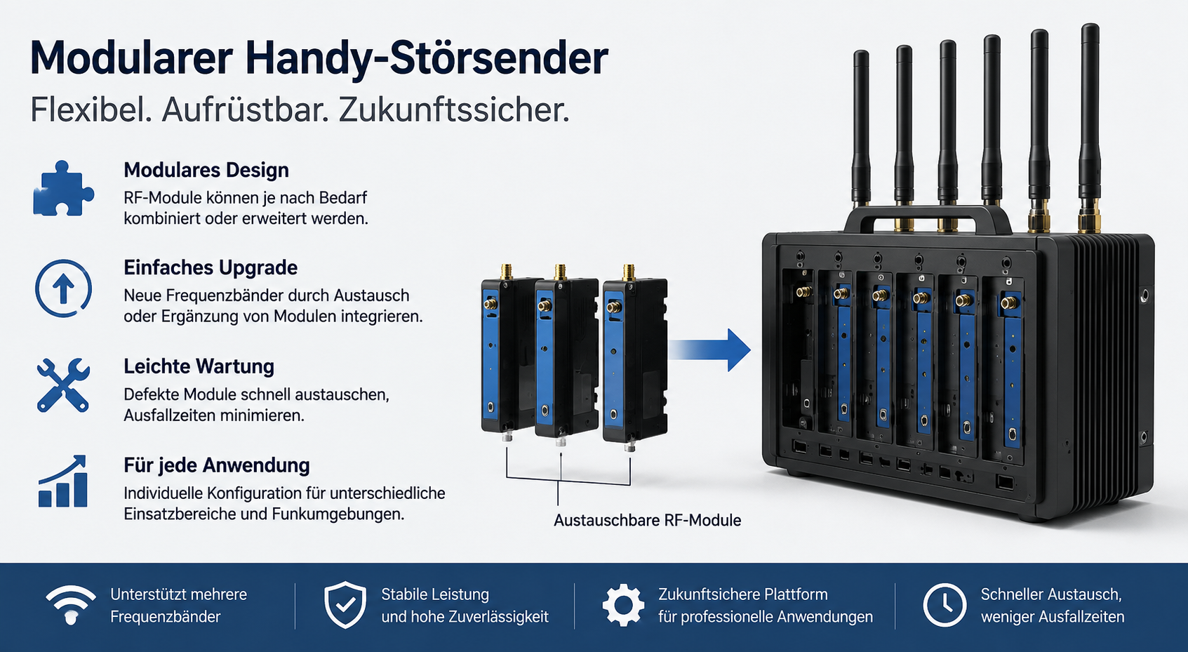 Modularer Handy-Störsender mit austauschbaren RF-Modulen