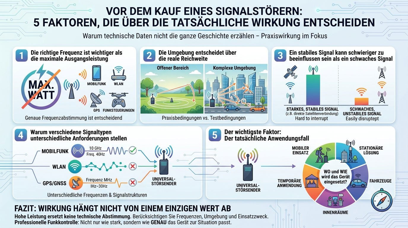 Infografik zu 5 Faktoren für die Wirkung von Signalstörern vor dem Kauf