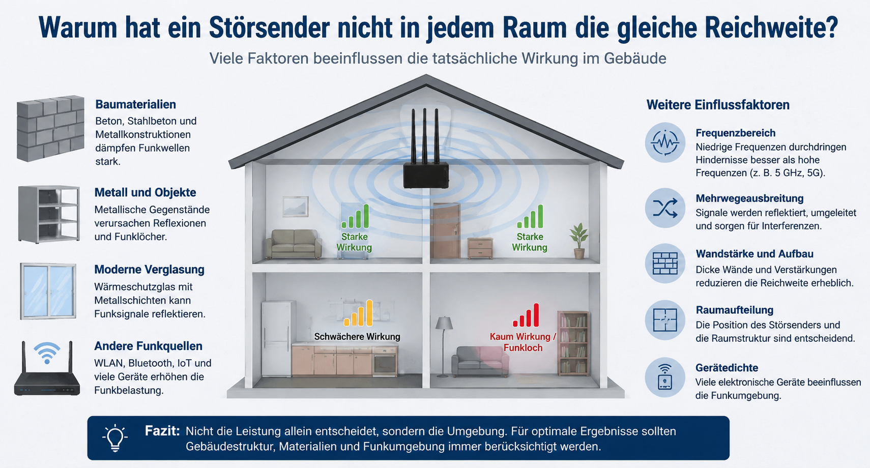 Störsender Reichweite in Gebäuden durch Wände und Funkumgebung beeinflusst