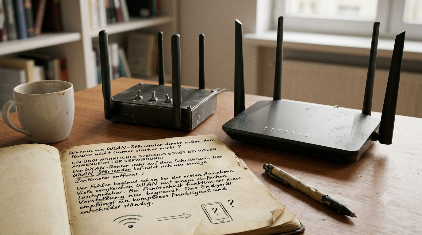 Ein WLAN-Störsender und ein Router stehen auf einem Schreibtisch
