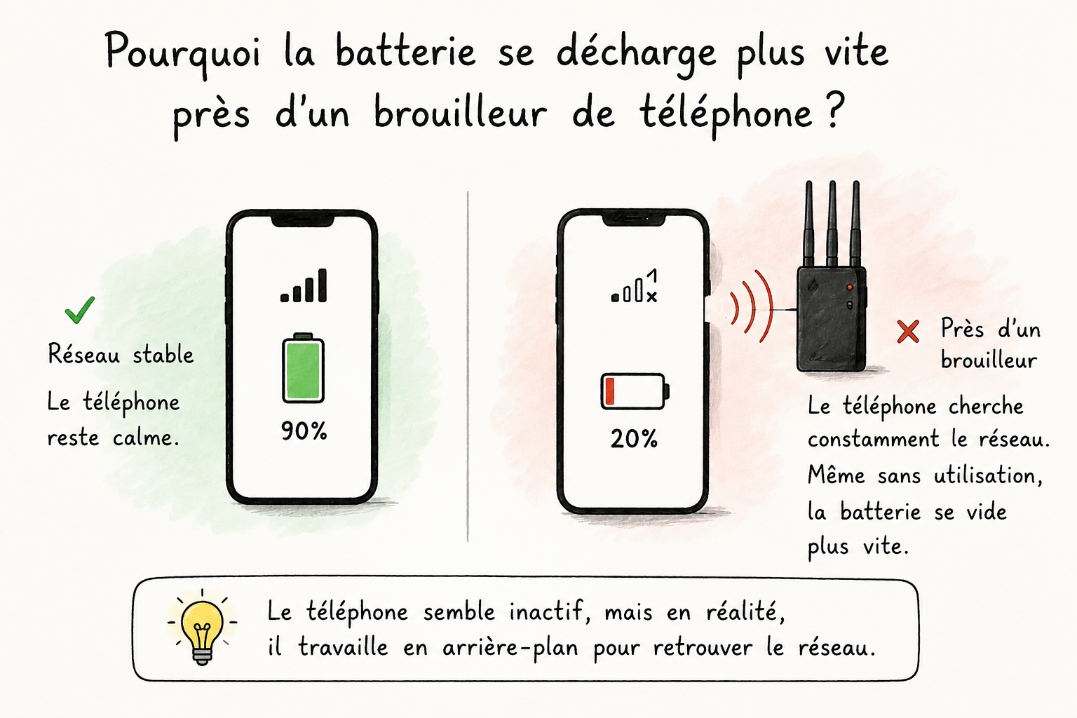 Batterie de téléphone qui se décharge plus vite près d'un brouilleur