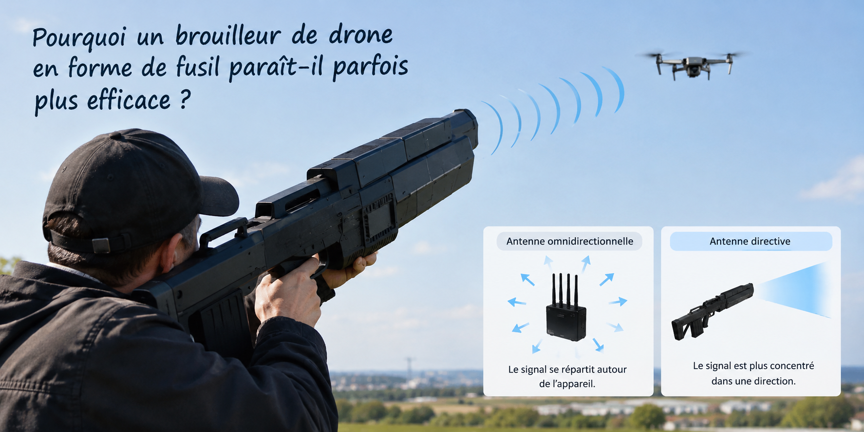 Brouilleur de drone en forme de fusil avec antenne directive