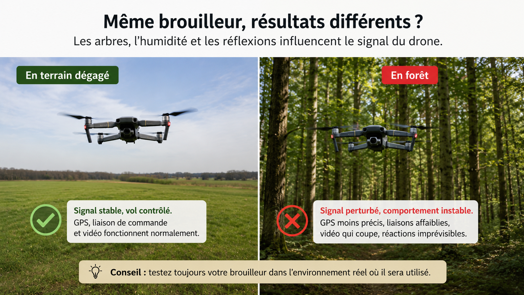Test d'un brouilleur de drone en forêt et en terrain dégagé