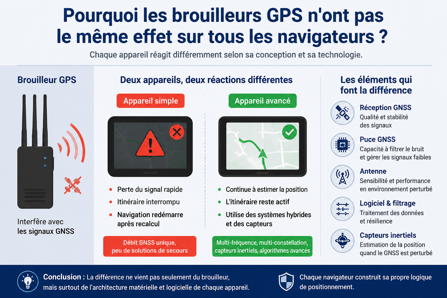 Comparaison entre brouilleur GPS et navigateurs GPS avec GNSS, antenne et capteurs inertiels