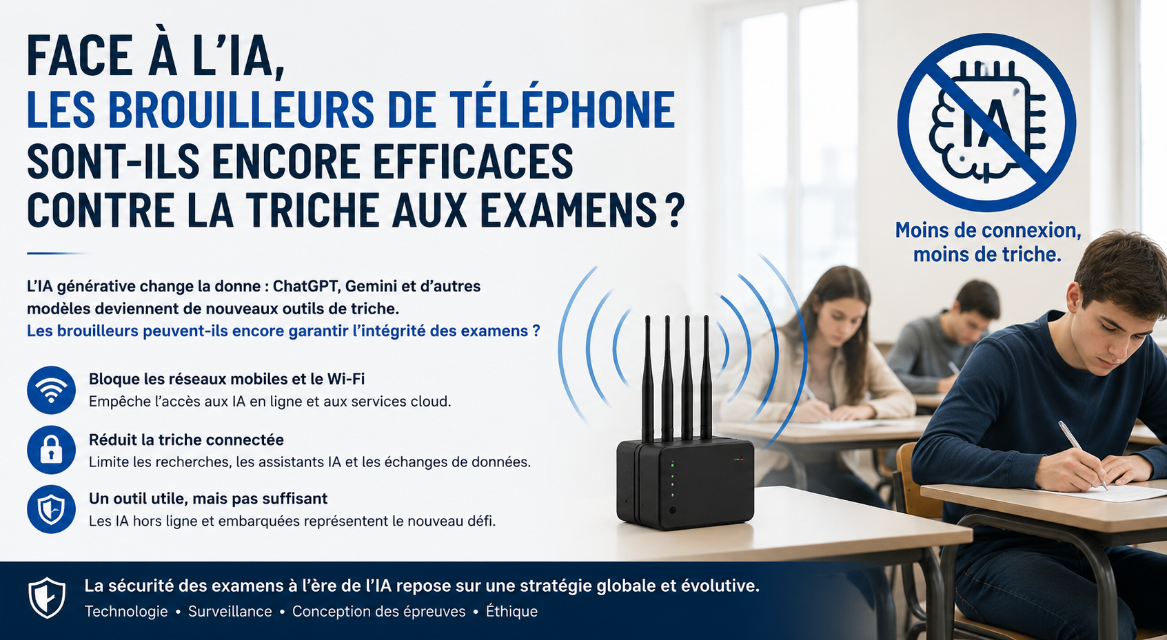 Brouilleur de téléphone limitant l'accès aux IA génératives pendant un examen