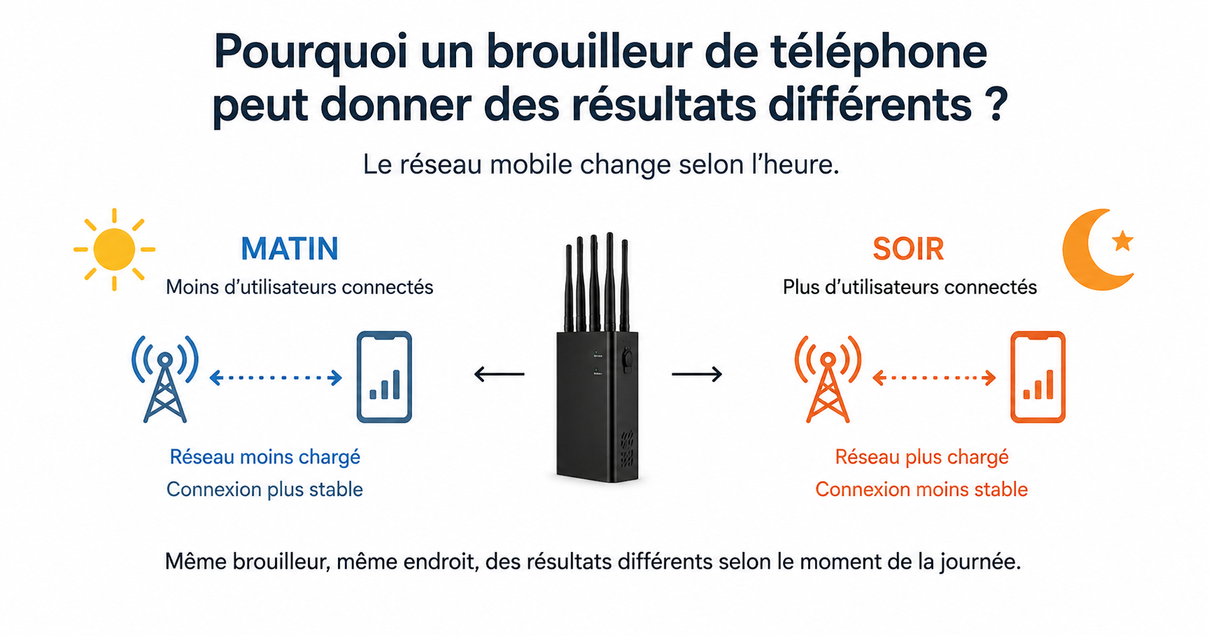 Brouilleur de téléphone: résultats différents le matin et le soir selon la charge du réseau mobile