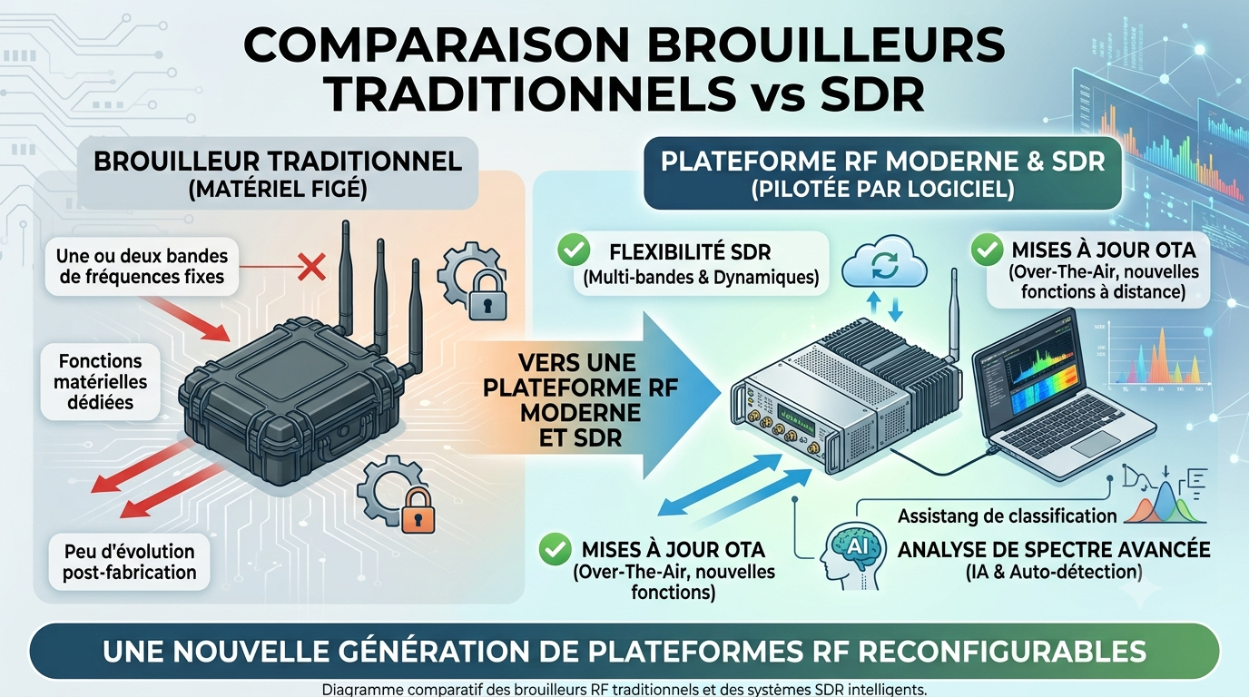 Infographie comparative entre un brouilleur de signaux traditionnel et une plateforme RF moderne pilotée par logiciel SDR