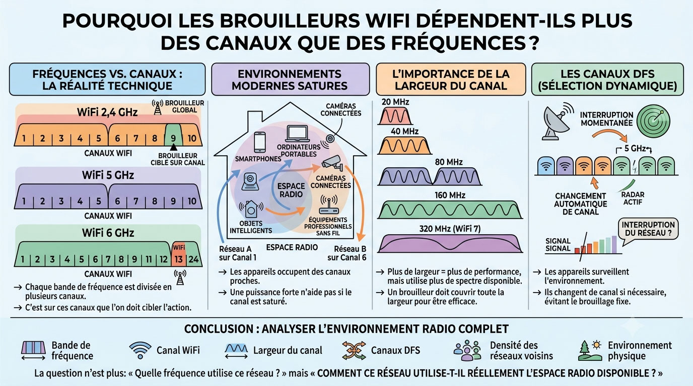 Infographie en français sur le fonctionnement des canaux et fréquences WiFi