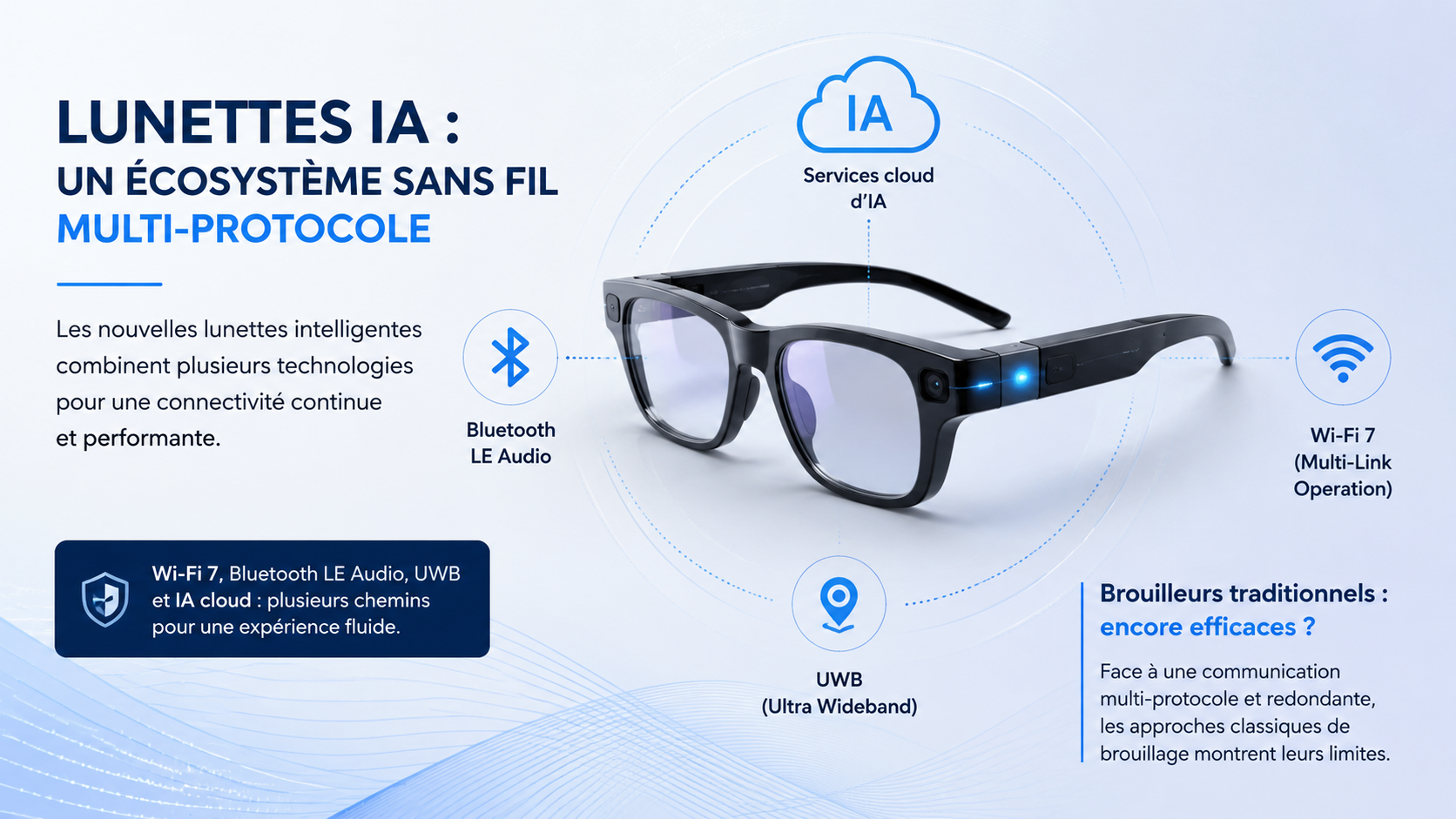Lunettes IA utilisant Wi-Fi 7, Bluetooth LE Audio, UWB et services cloud