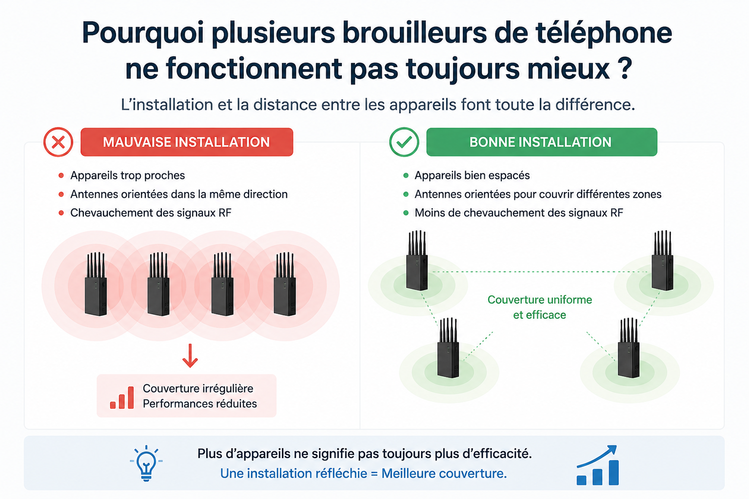 Installation de plusieurs brouilleurs de téléphone avec distance entre les appareils