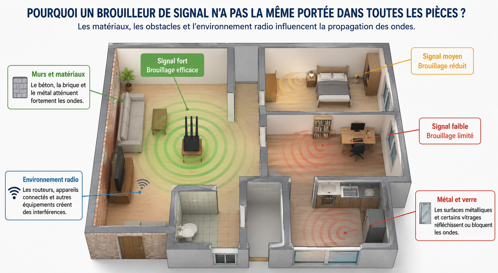 Pourquoi la portée d'un brouilleur de signal varie-t-elle d'une pièce à l'autre ? Influence des murs, du métal et de l'environnement radio sur les performances d'un brouilleur GSM, WiFi, GPS ou 5G.