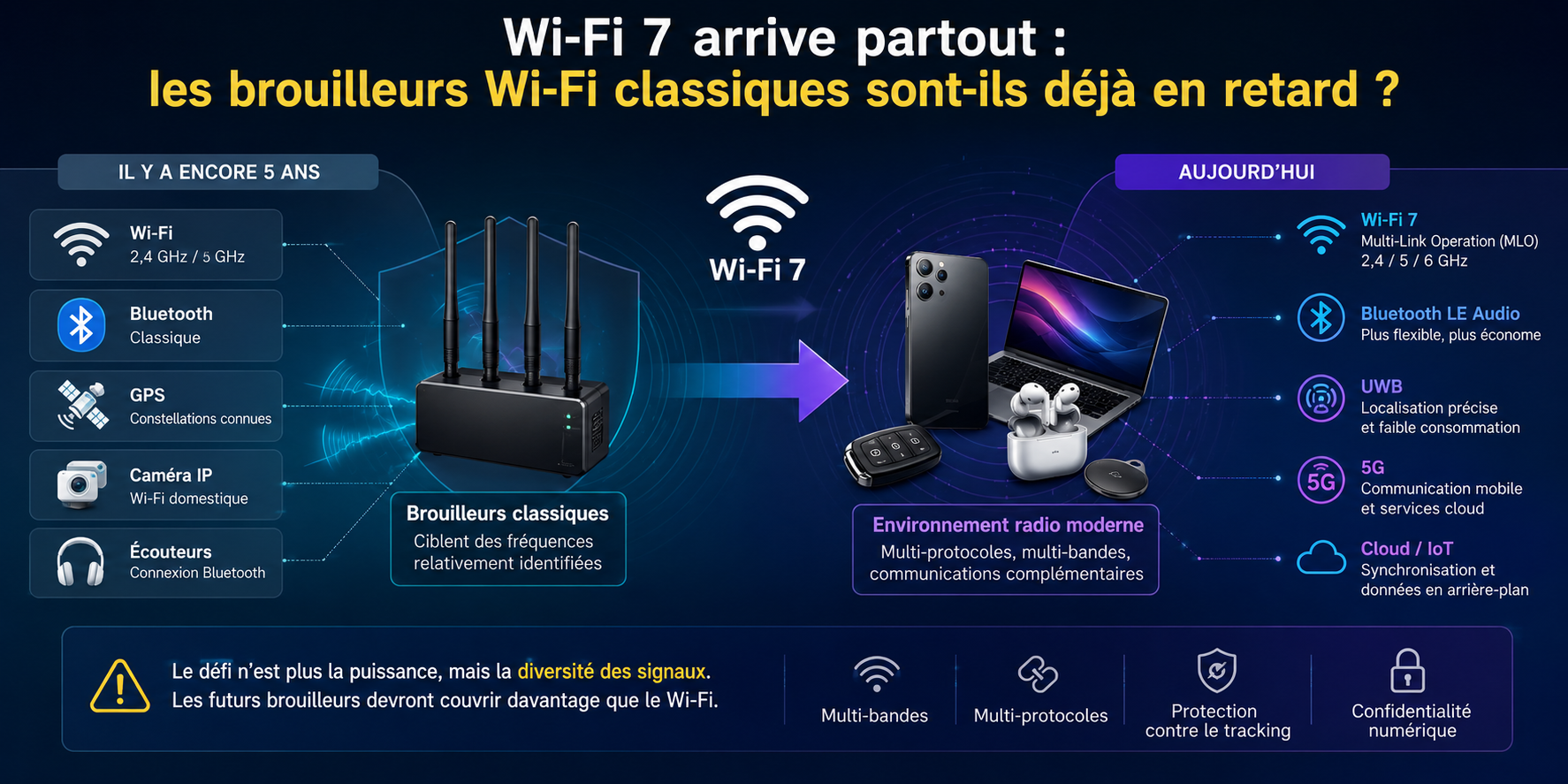 Comparaison entre les brouilleurs Wi-Fi classiques et les nouveaux environnements radio intégrant le Wi-Fi 7, le Bluetooth LE Audio, l'UWB, la 5G et les communications multi-protocoles.