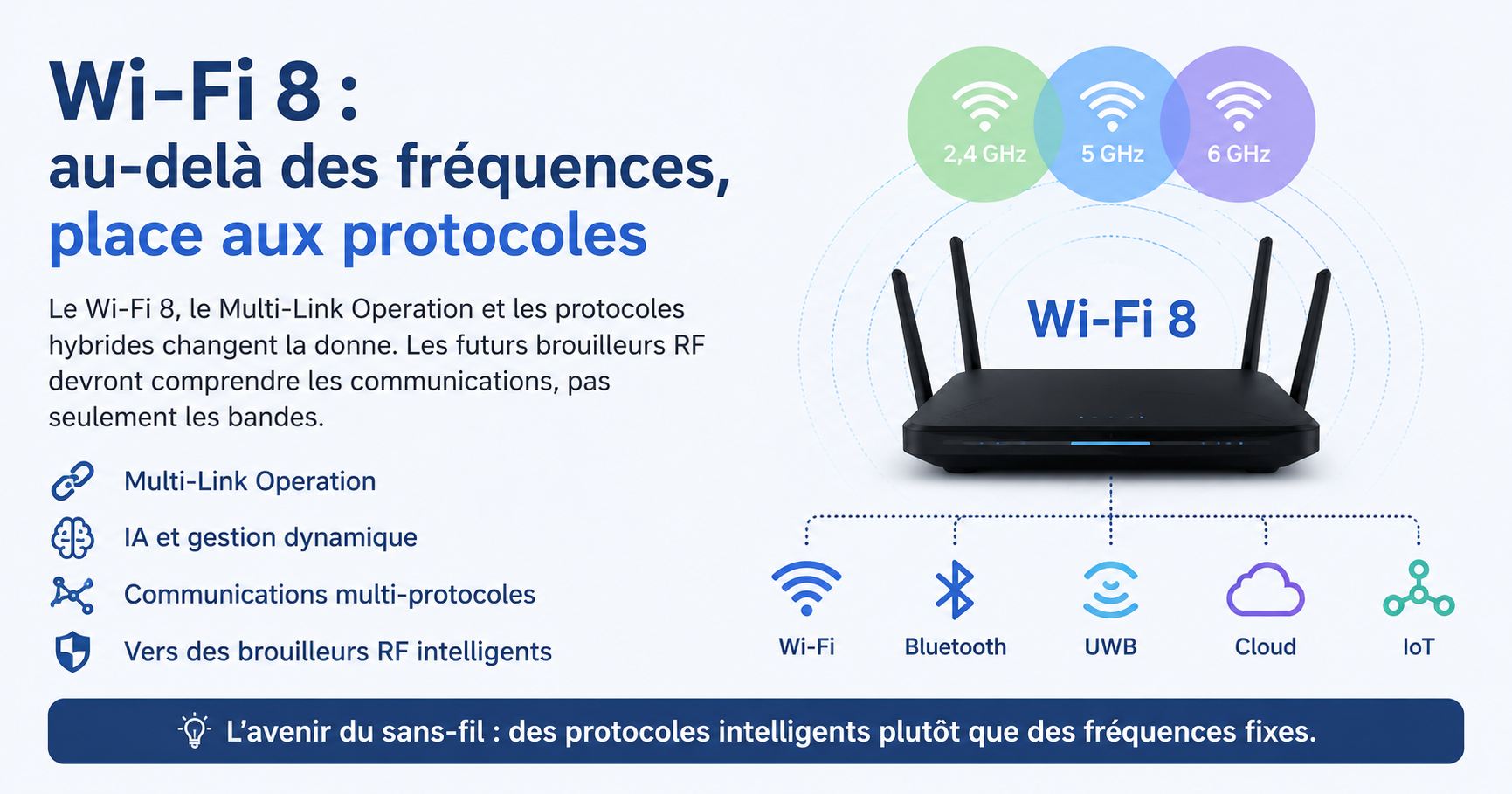 Schéma du Wi-Fi 8 avec Multi-Link Operation et évolution des brouilleurs RF multi protocoles