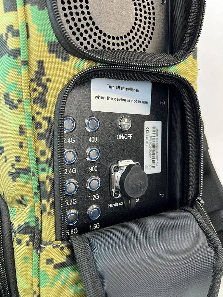 drone jammer control panel inside tactical backpack with multi band jamming controls