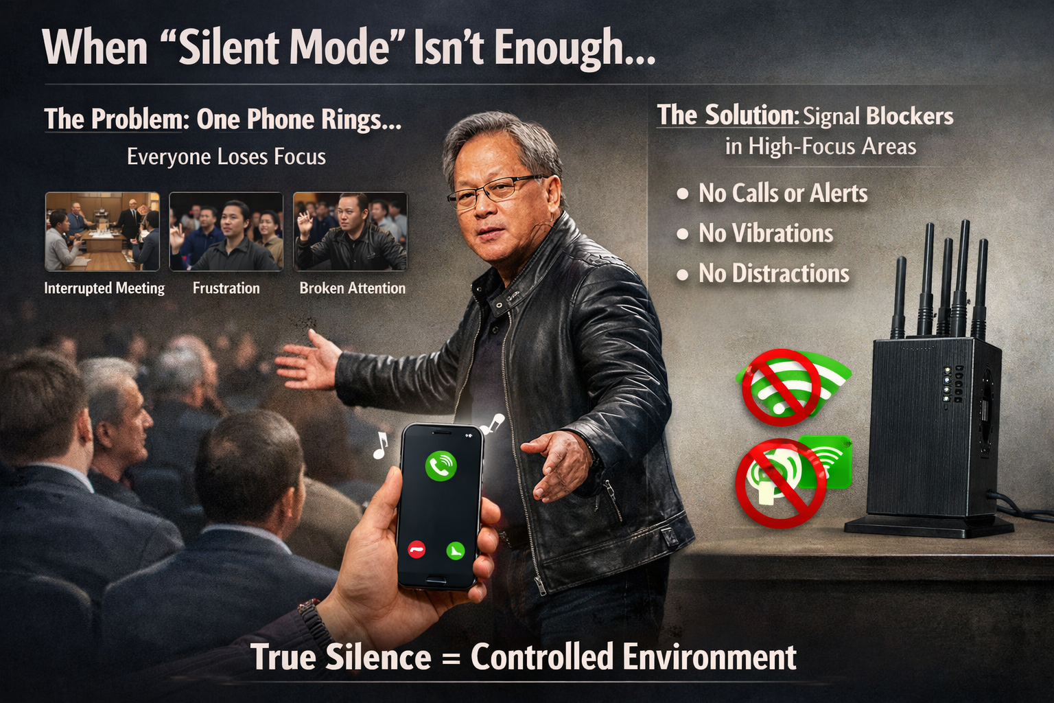 Jensen Huang pauses speech as phone rings, illustrating need for signal blockers in meetings
