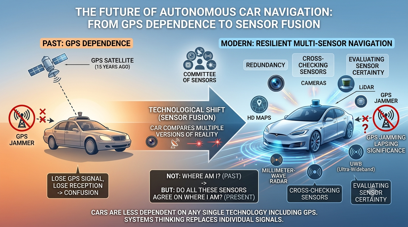 Autonomous car navigation shifting from GPS to sensor fusion