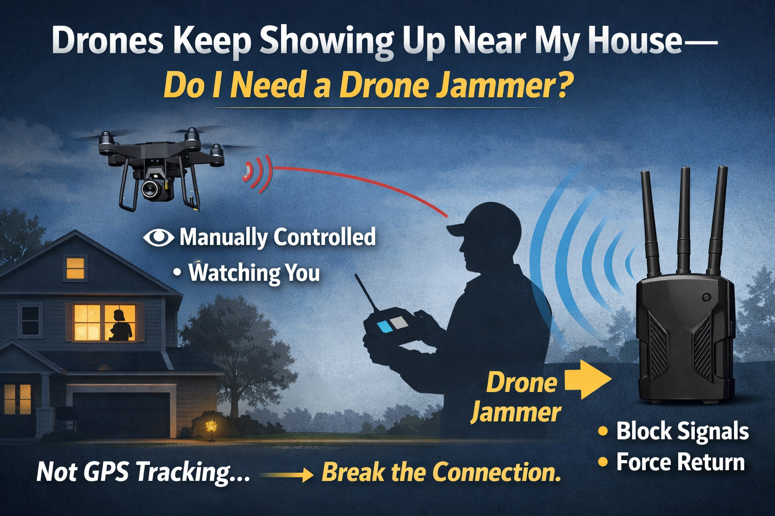 Drone hovering near house with jammer disrupting signal