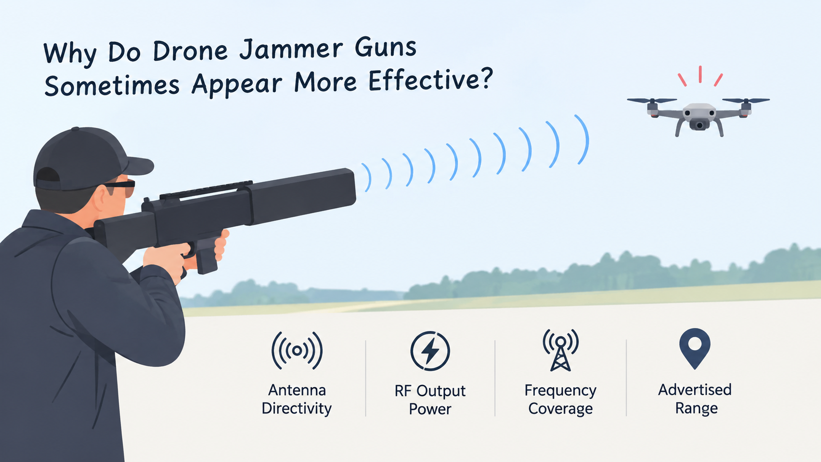 Drone jammer gun aimed at a drone