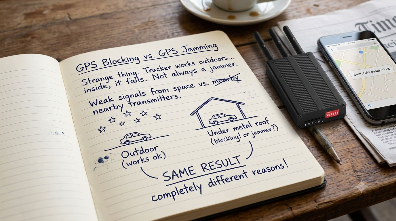 Comparison between GPS signal blocking and GPS jamming