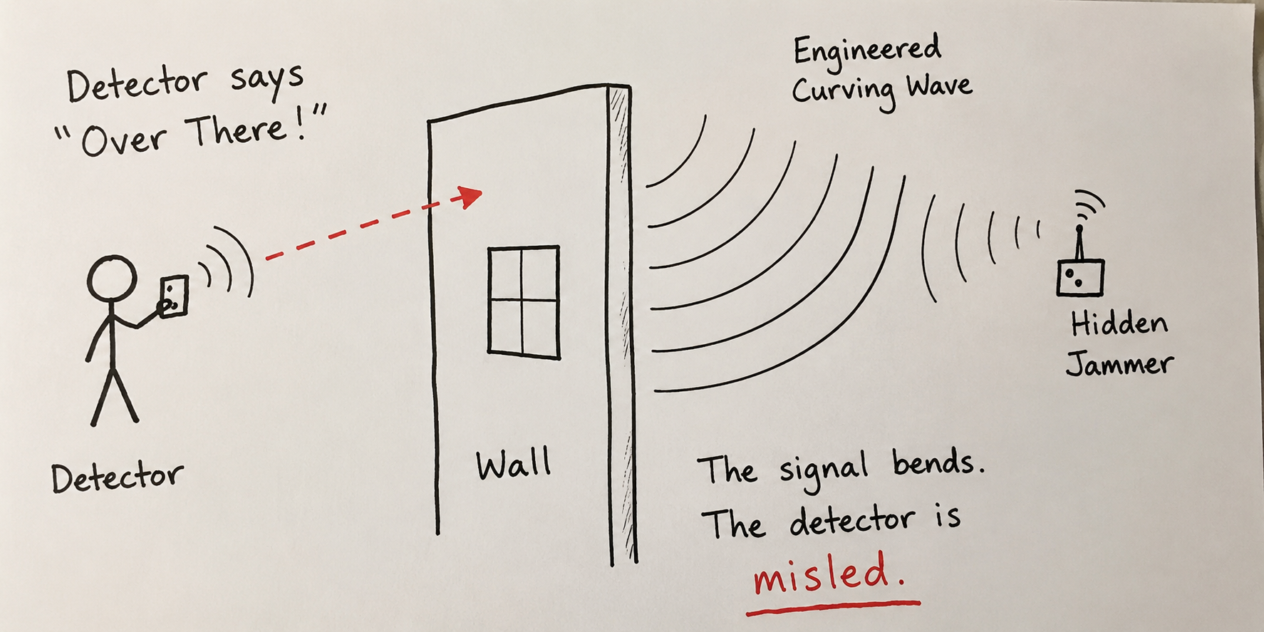 Cell phone jammer detection with misleading signal direction