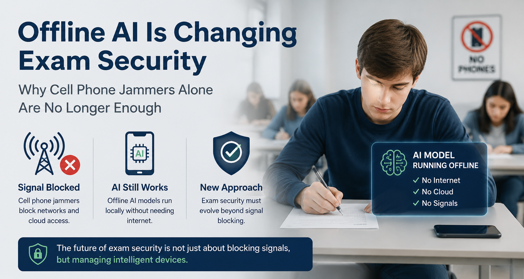 Offline AI and cell phone jammers in exam security concept illustration