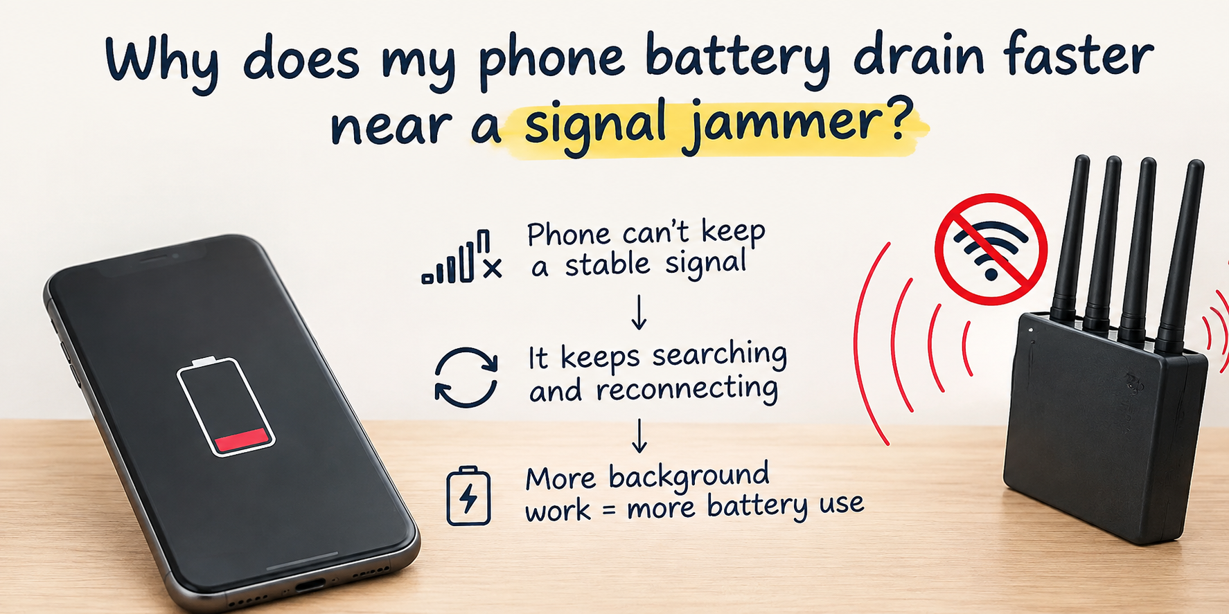 Phone battery draining faster while repeatedly searching for a network near a signal jammer
