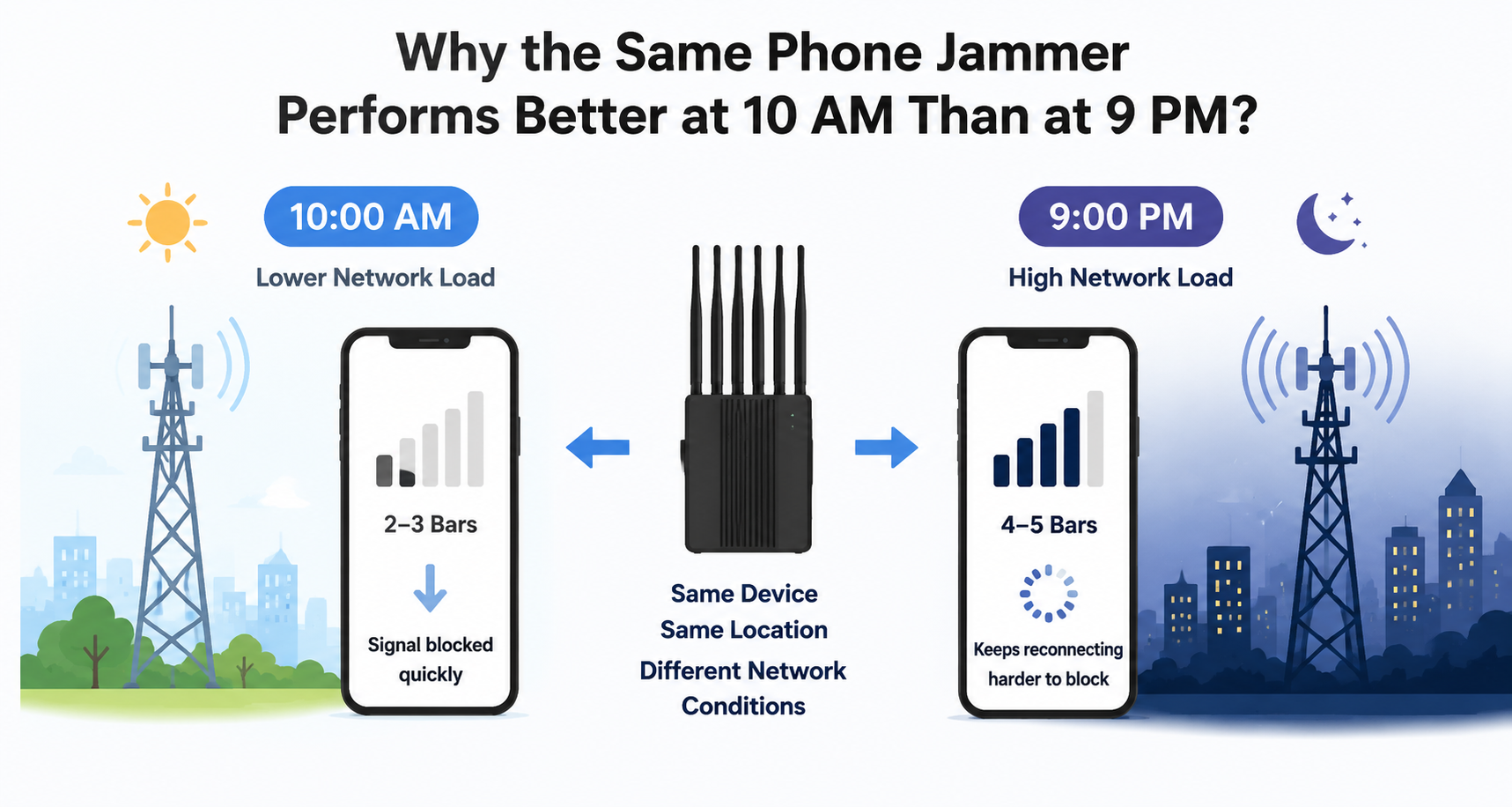 Cell Phone jammer performance changes with network conditions