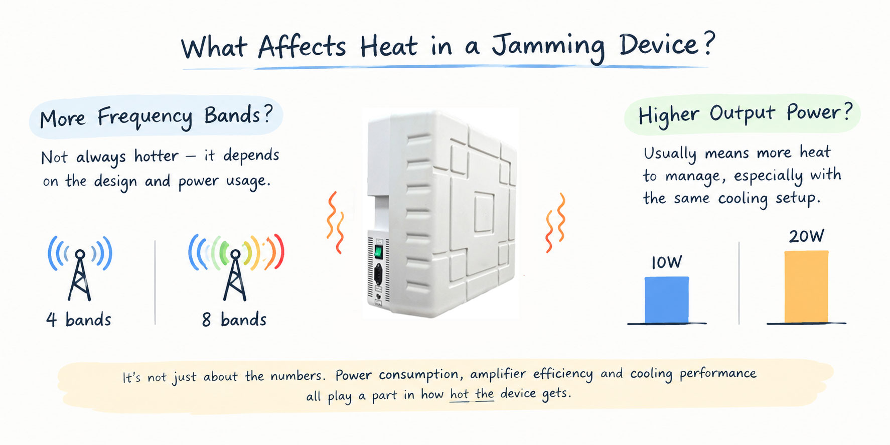 Signal jammer heat dissipation with multiple frequency bands