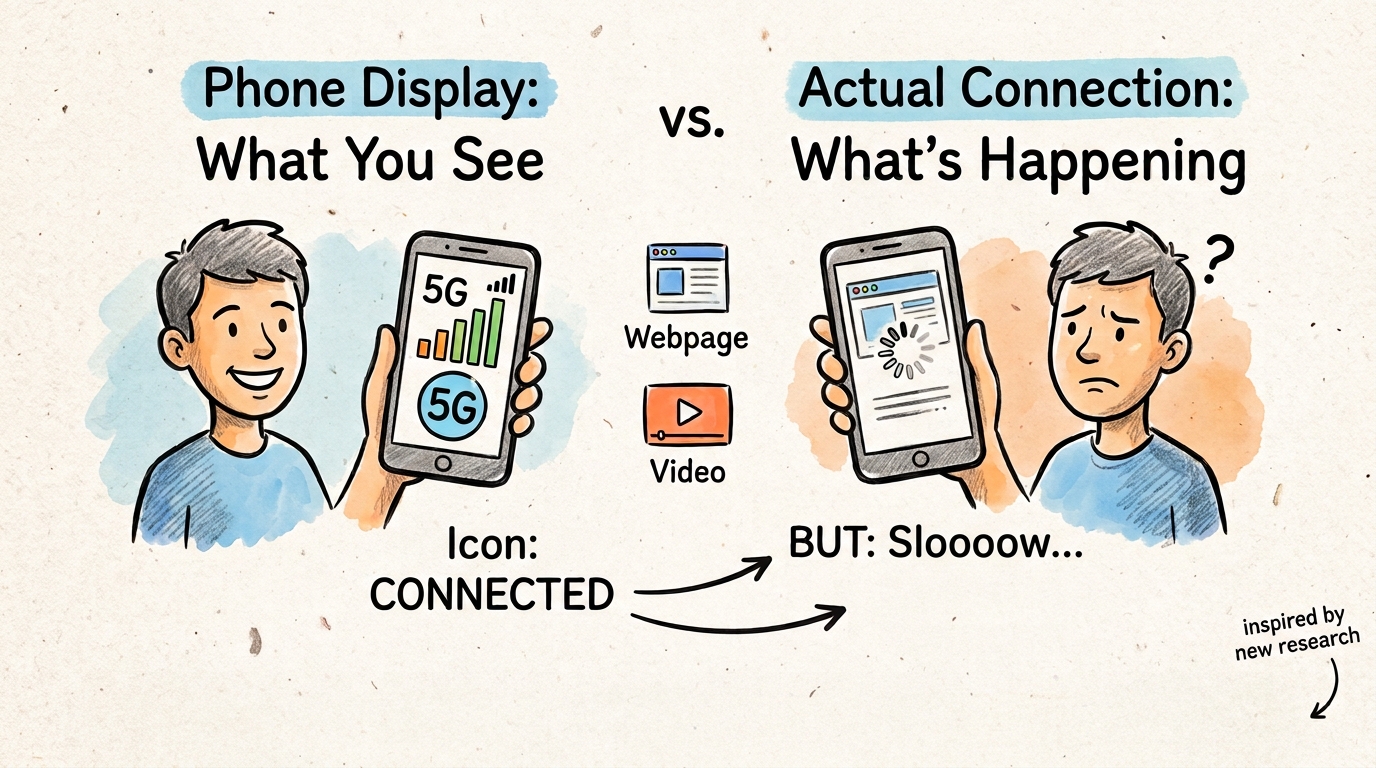 comparing a phone's '5G Connected' icon to slow, buffering real-world connection speeds