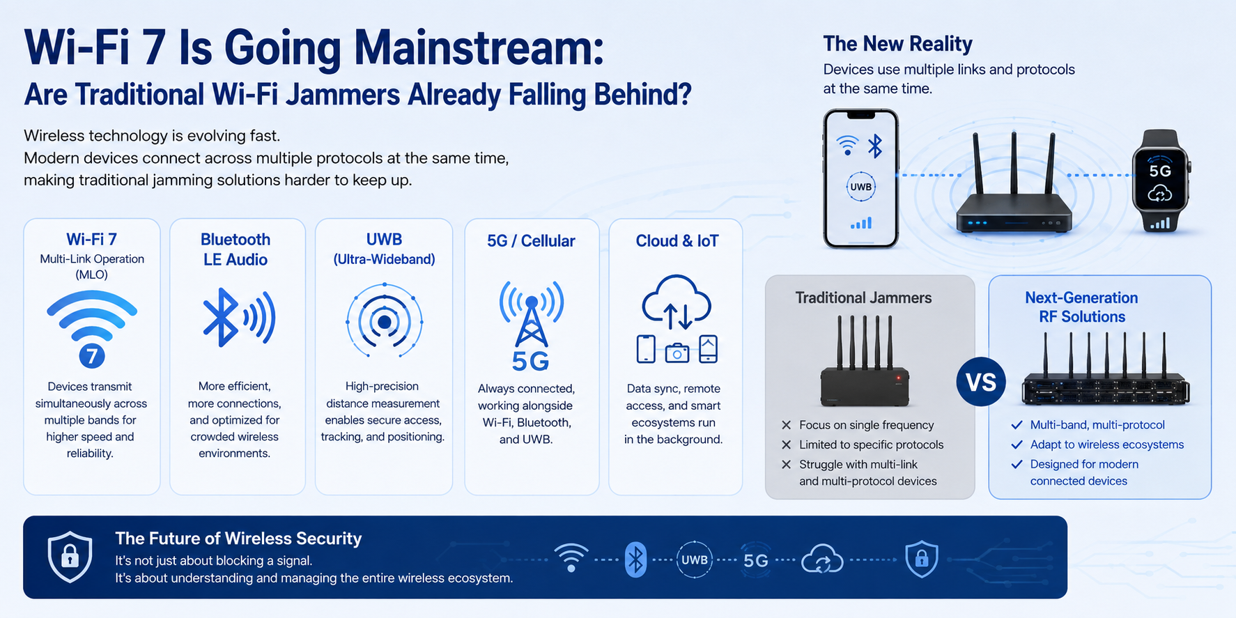 Wi-Fi 7, Bluetooth LE Audio, UWB and 5G devices challenge traditional RF jamming technologies